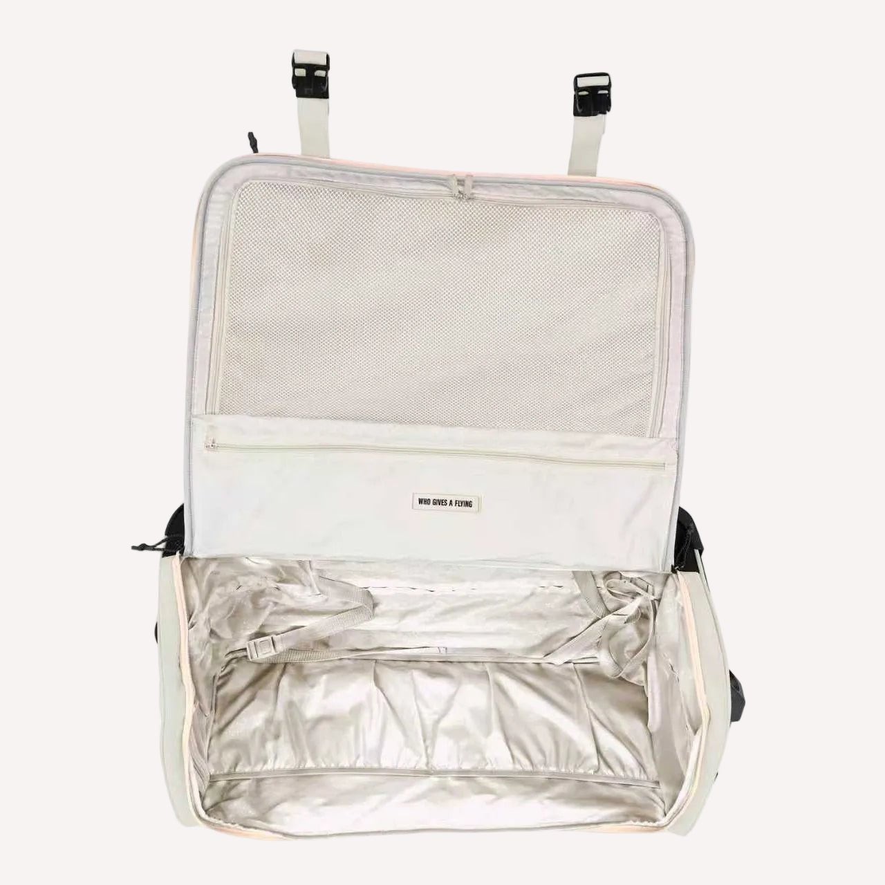 Oat soft shell suitcase set open showing packing space — Who Gives A Flying Australia